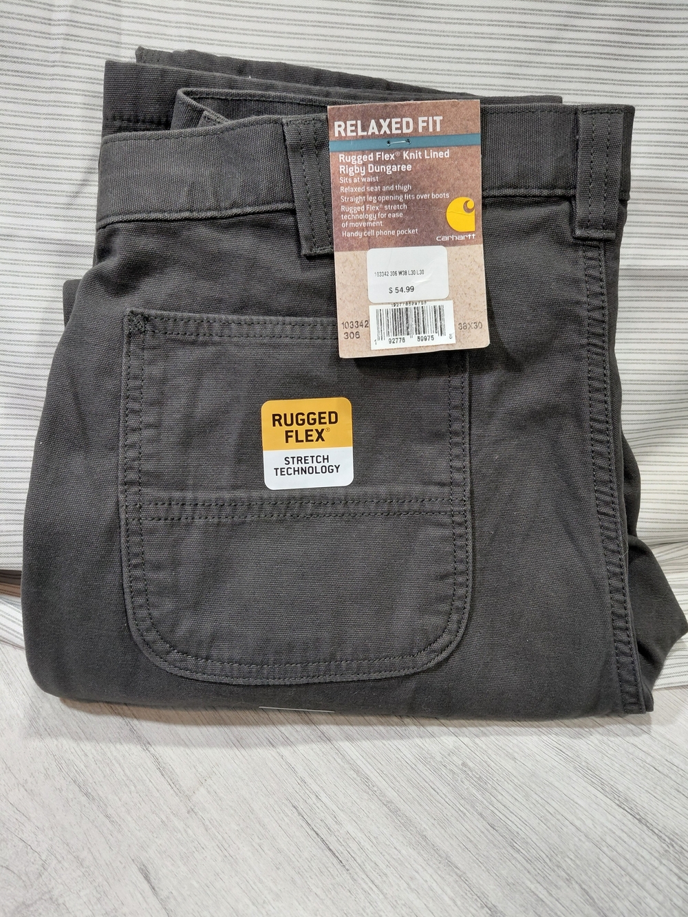 NWT Carhartt Mens Rugged Flex Knit-Lined Dungarees - Charcoal Relaxed Fit 38×30